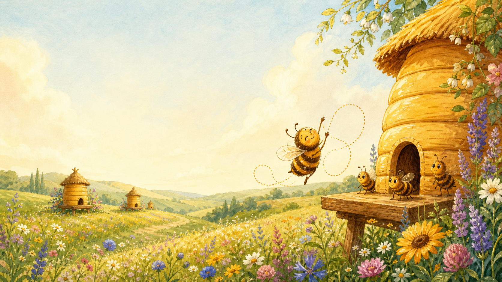 A dancing bee at a hive beside a meadow, with other hives in the distance.